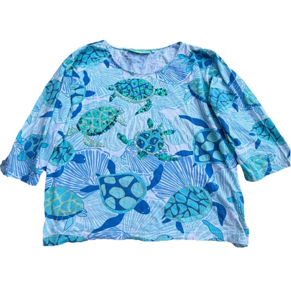 ANTHONY'S Resortcore $79 Smooth Stretch Sequin Turtles 3/4 Tee Top Sz Large Boho